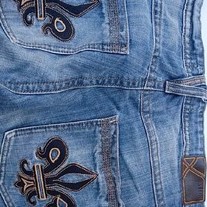 Blue Denim Jeans with Fleur-de-Lis Vintage Embroidery Jeans 34x34